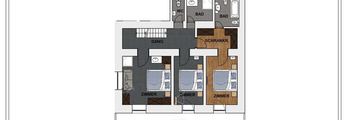 This is a floor plan for the first upper floor of a house. It shows various rooms, including bedrooms, a bathroom, and a hallway. - Lyns Home - Sölden