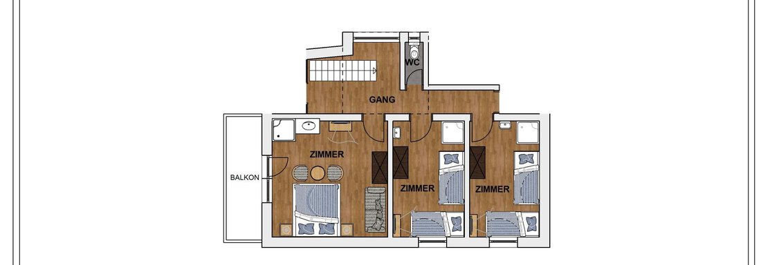 A floor plan of the second upper floor with several rooms and a balcony. The rooms are clearly arranged and offer a modern living atmosphere. - Lyns Home - Sölden