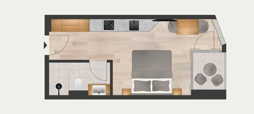 A space-saving apartment with a modern design. The floor plan features a bedroom, a kitchen, and a living area. - Marco's Mountain Home - Sölden