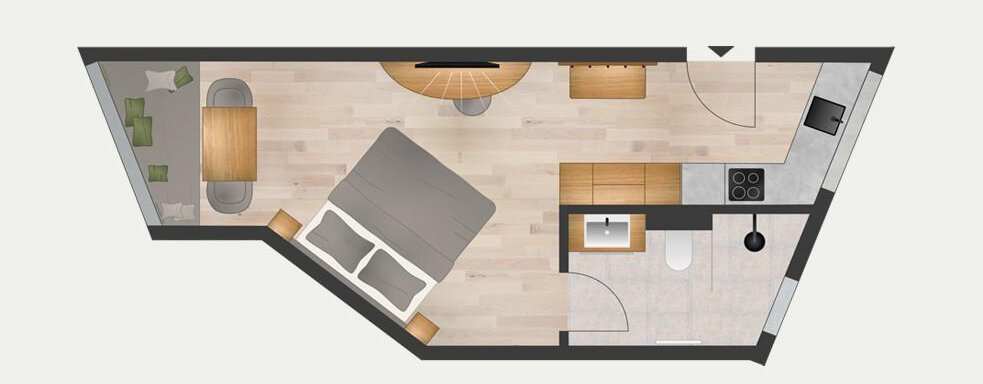 A modern room layout with a bedroom, kitchen, and dining area. The floor is light and the furniture is functionally arranged. - Marco's Mountain Home - Sölden