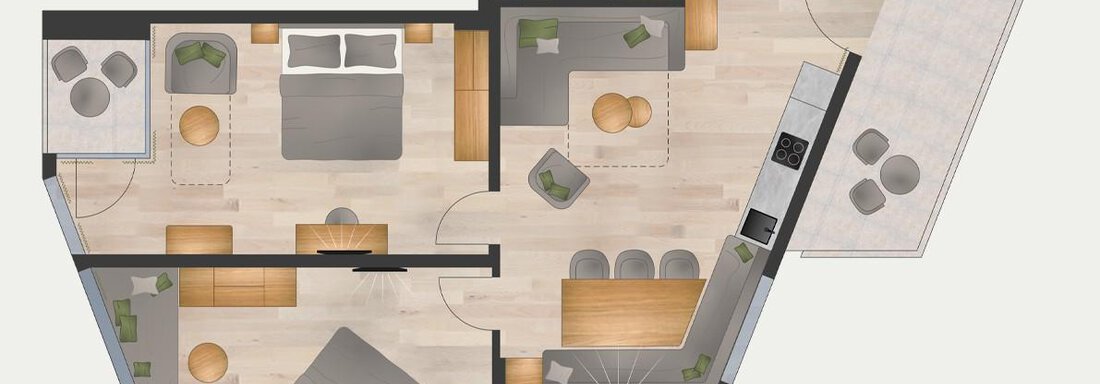 A modern apartment in the floor plan that shows various rooms such as bedroom, living room, and kitchen. The furniture is designed to be simple and functional. - Marco's Mountain Home - Sölden