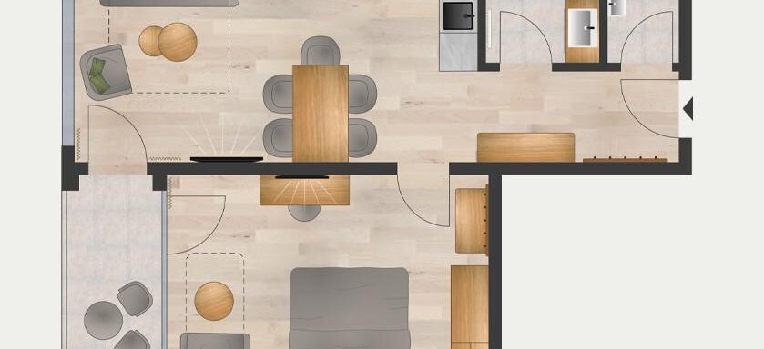 A modern apartment layout with an open living and dining area. The rooms are designed to be functional and stylish. - Marco's Mountain Home - Sölden