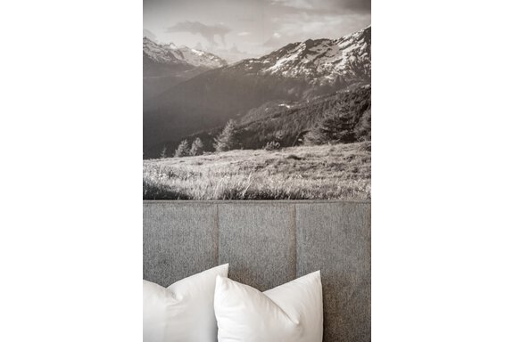 A black-and-white depiction of mountains and forest visible in the background. In the foreground, there is a gray headboard with white pillows. - Marco's Mountain Home - Sölden