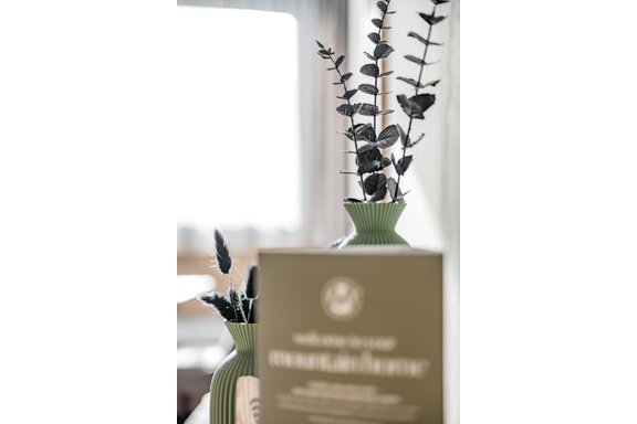 A green vase with decorative black branches stands on a table. In the background, an information sheet is visible, containing an inviting message. - Marco's Mountain Home - Sölden