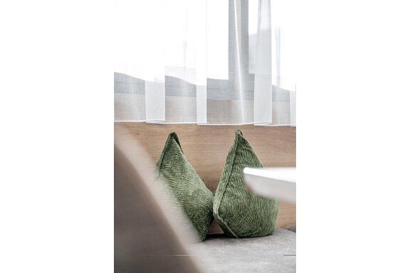 Two green cushions in a bright environment. In the background, you can see sheer curtains. - Marco's Mountain Home - Sölden