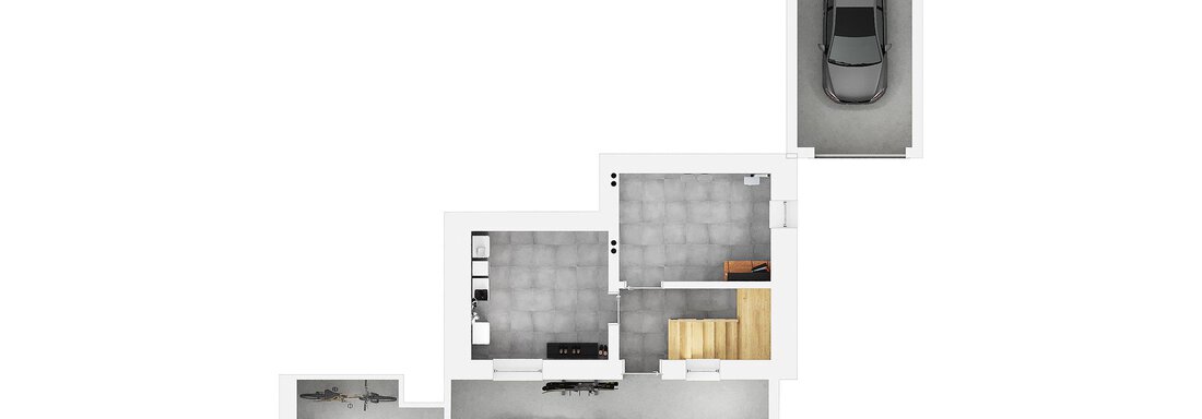 A floor plan drawing of a house with a car in the garage. The layout shows different rooms and a parking space. - Mountain Lodge Sölden - Sölden