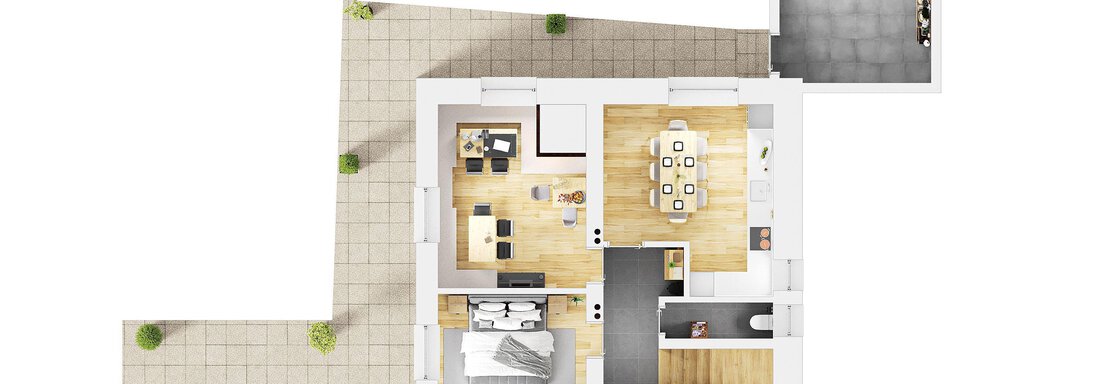 A modern floor plan sketch of a house with open living areas. The representation shows the placement of kitchen, dining area, and living room. - Mountain Lodge Sölden - Sölden