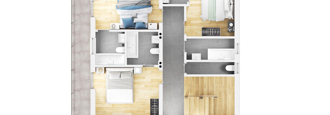 A modern living space layout with two bedrooms, an open kitchen area, and a bathroom. The floor is made of light wood, creating a friendly atmosphere. - Mountain Lodge Sölden - Sölden