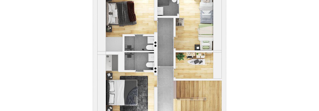 A modern floor plan drawing of an apartment with several rooms. The rooms are clearly arranged and show an open living area. - Mountain Lodge Sölden - Sölden