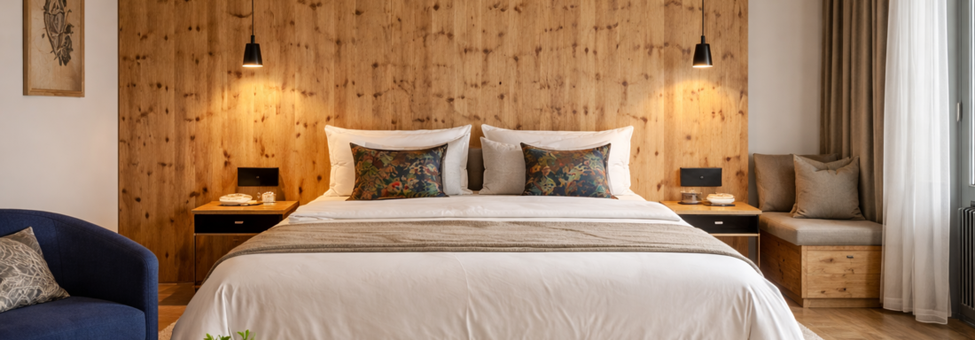Symbolfoto Pension Eden | © Pension Eden (CC C) A cozy hotel room with a large bed and wooden paneling on the wall. Different seating options and a bright, inviting atmosphere. - Pension Eden - Sölden