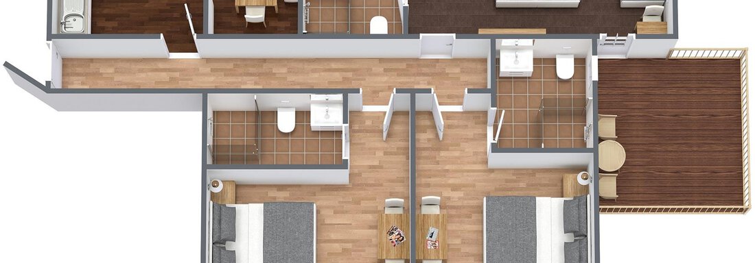 A schematic representation of an apartment with several rooms. The rooms are outlined with furniture and fixtures. - Pension Gritsch Ewald - Sölden