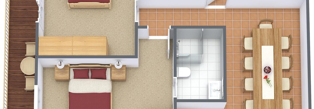 A floor plan drawing of an apartment with two bedrooms, one bathroom, and an open living kitchen. The dining area is furnished with a long table and chairs. - Pension Gritsch Ewald - Sölden