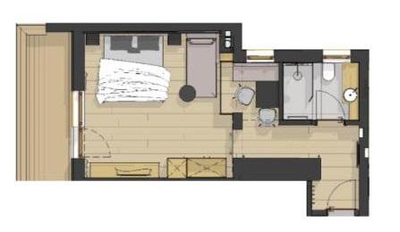 A floor plan sketch of an apartment with one bedroom, one bathroom, and a living area. The furniture is simply arranged, and the space feels modern and bright. - Pension Miramonte - Sölden