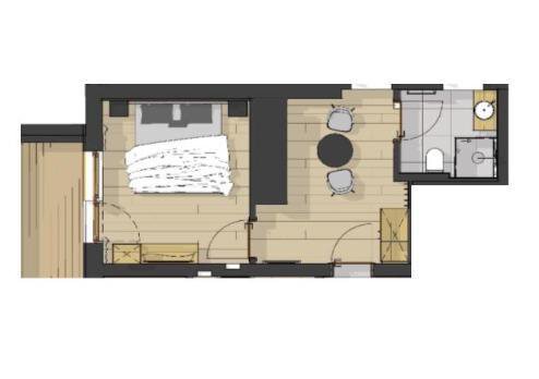A floor plan drawing of a room with a bed, table, and chairs. The bathroom is also indicated. - Pension Miramonte - Sölden