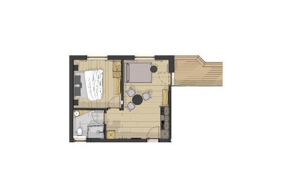 A floor plan drawing of a small apartment. It shows a bedroom, a bathroom, a kitchen, and a living area with a dining table. - Pension Miramonte - Sölden