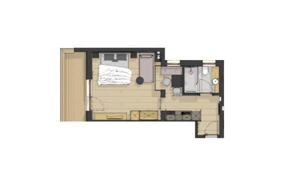 A floor plan sketch of a small apartment. The apartment has one bedroom, one bathroom, and a living area with kitchen. - Pension Miramonte - Sölden