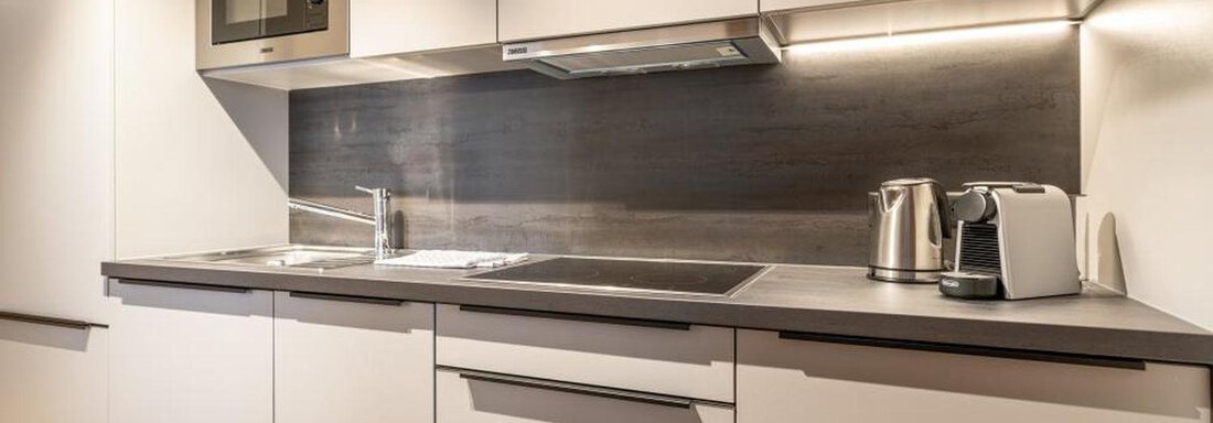 Modern kitchen with gray cabinets and an elegant countertop. It includes kitchen appliances such as a kettle and a microwave. - Pension Miramonte - Sölden