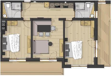 A modern floor plan drawing of an apartment with two bedrooms. The central living area contains a table and a sofa corner. - Pension Miramonte - Sölden