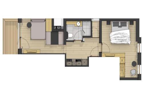 A floor plan drawing of an apartment with one bedroom, one bathroom, and an open living area. The space is designed to be modern and functional. - Pension Miramonte - Sölden