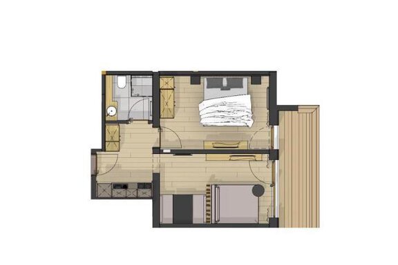 A simple floor plan drawing of an apartment. The rooms include a bedroom, a bathroom, and a small kitchen. - Pension Miramonte - Sölden