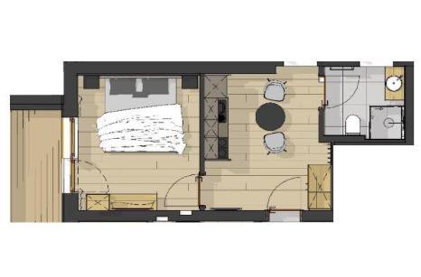 A floor plan sketch of an apartment with one bedroom, one bathroom, and a living area. The floor is light and the furniture is simply and modernly arranged. - Pension Miramonte - Sölden