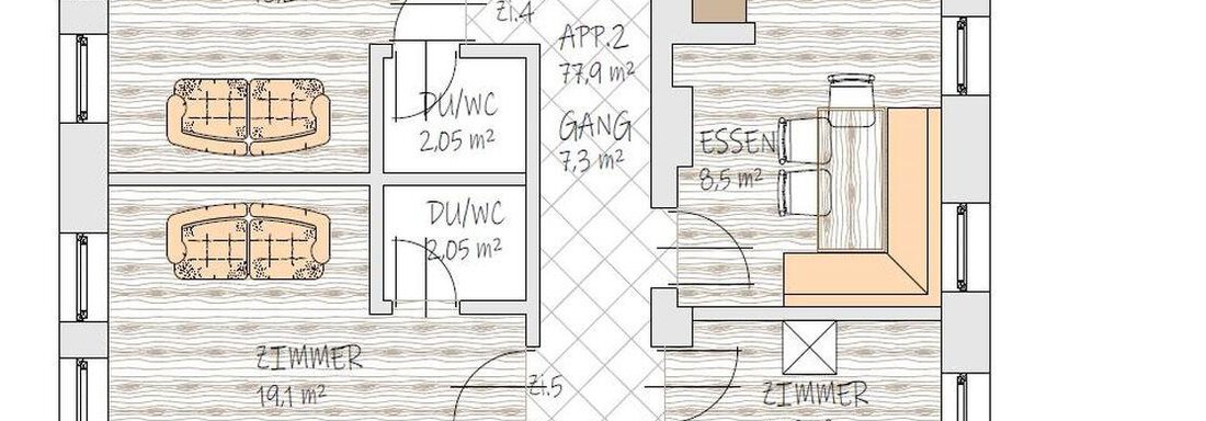 A floor plan drawing of an apartment with several rooms. It shows the dining area, the kitchen, and the various bedrooms. - Pension Pitze - Sölden