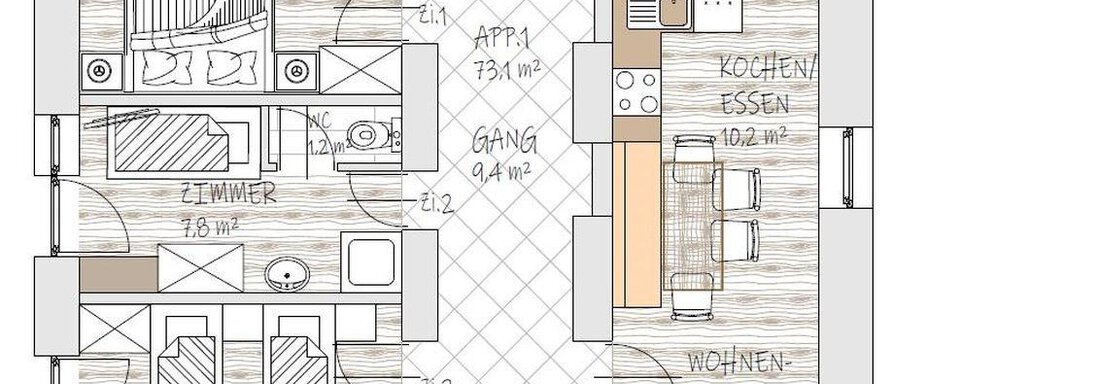 A floor plan of an apartment with several rooms. The main areas are the bedroom, bathroom, and a kitchen. - Pension Pitze - Sölden