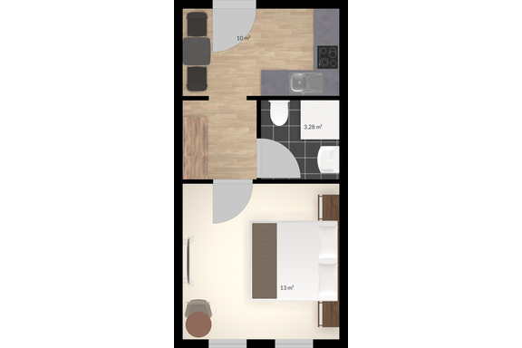 A schematic representation of an apartment with a living area, a kitchen, a bathroom, and a bedroom. The sizes of the rooms are indicated. - Pension "Zur alten Mühle" - Sölden