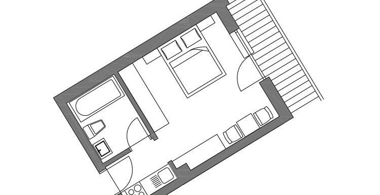 A floor plan of an apartment with a bedroom, bathroom, and kitchen. The illustration shows a practical room layout. - Pension "Zur alten Mühle" - Sölden