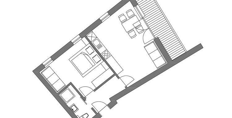 A floor plan drawing of an apartment with multiple rooms. The different areas are clearly marked, including the living room and kitchen. - Pension "Zur alten Mühle" - Sölden