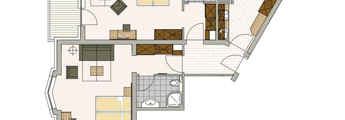 A floor plan of an apartment with two bedrooms. The rooms are clearly arranged and include a kitchen, a living room, and two bathrooms. - Residenz Allegra - Sölden