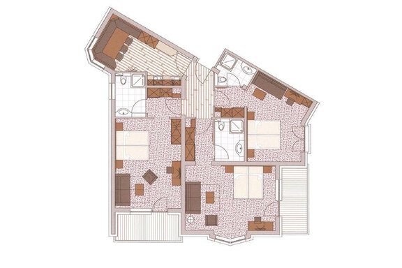 An apartment floor plan drawing with several rooms, including bedrooms and bathrooms. The layout is clearly structured and shows an open living area. - Residenz Allegra - Sölden
