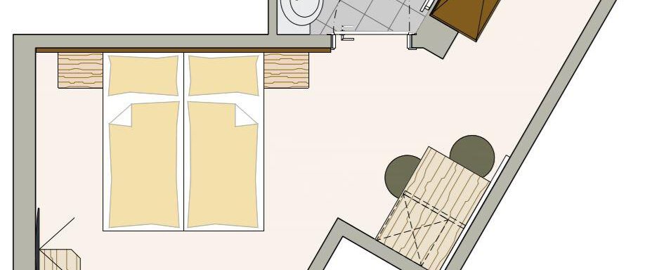 Doppelzimmer Superior 1 Allegra Sölden A floor plan of a room with two beds, a small living area, and a bathroom. The room has a modern layout and is functionally designed. - Residenz Allegra - Sölden