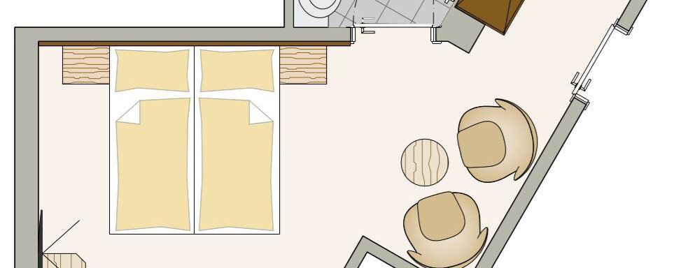 A floor plan of a room with two beds, a seating area, and a bathroom. The layout is modern and functional. - Residenz Allegra - Sölden