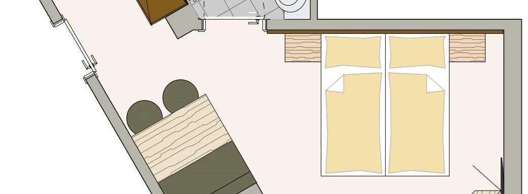 A modern layout with two beds, a table, and a bathroom. The floor plan shows a bright and functional environment. - Residenz Allegra - Sölden