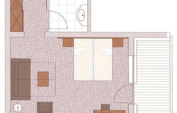 A floor plan of a room with a double bed, a seating area, and a bathroom. The furnishings consist of various furniture pieces and the arrangement of tables and chairs. - Residenz Allegra - Sölden