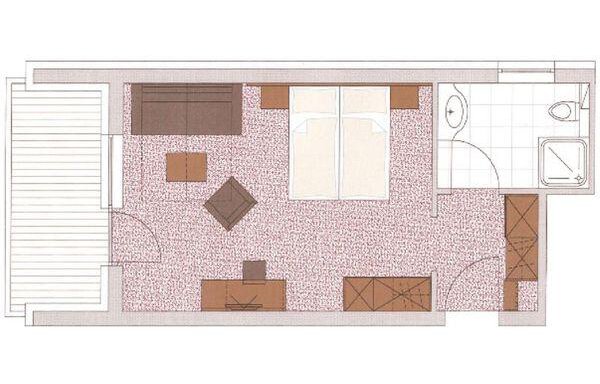 A schematic representation of a room with two beds, a bathroom, and several pieces of furniture. The room is designed to be bright and compact. - Residenz Allegra - Sölden