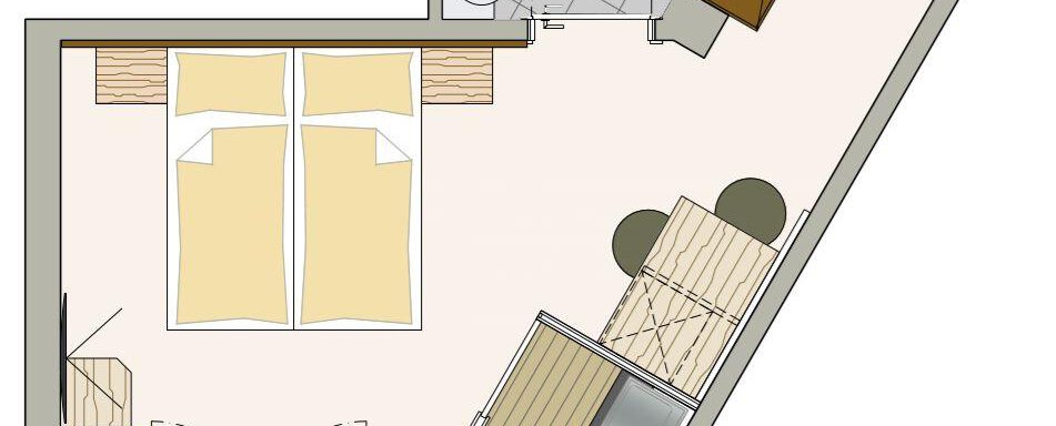 Appartement Superior 1 Allegra Sölden A floor plan of a modern room with two beds, a bathroom, and a small living area. The layout includes a desk and seating. - Residenz Allegra - Sölden