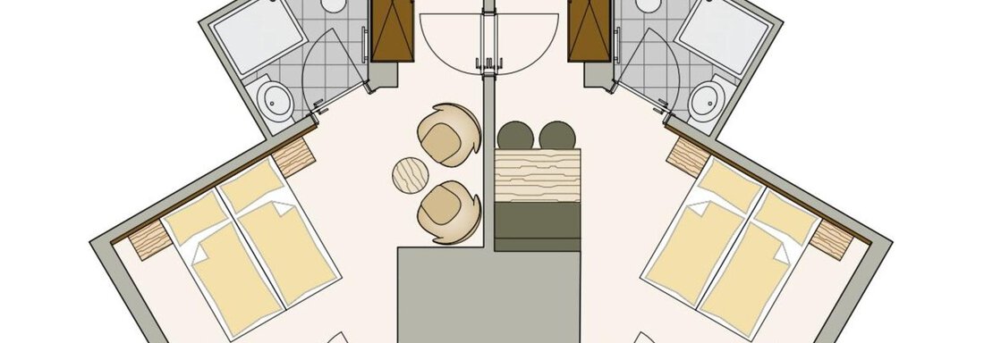 A modern floor plan with two bedrooms, two bathrooms, and a shared living area. The rooms are open and well-designed. - Residenz Allegra - Sölden