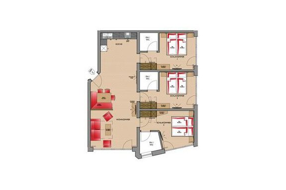 An apartment with an open living area, three bedrooms, and a kitchen. The rooms are clearly arranged, with a modern layout. - Revmatologická poradna Appt Top 4 - Sölden