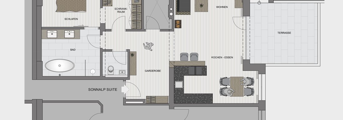 Sonnalp Suite Skizze A modern floor plan drawing of an apartment. The apartment consists of a bedroom, a bathroom, a kitchen, and a living area. - Sonnalp Residences - Sölden