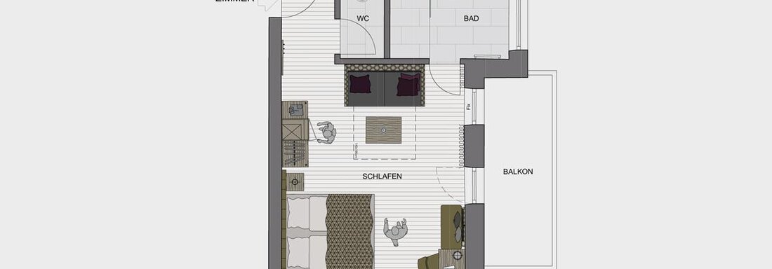 A floor plan drawing of an apartment with one bedroom, one bathroom, and a balcony. The rooms are clearly delineated and labeled. - Sonnalp Residences - Sölden
