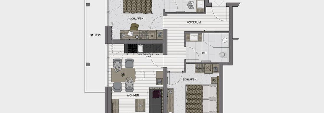 A schematic representation of an apartment with several rooms. The layout shows living room, bedroom, and balconies. - Sonnalp Residences - Sölden