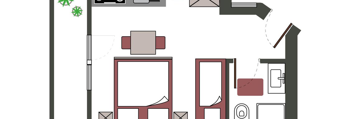 A floor plan drawing of a room with two beds, a table, and a kitchenette. The bathroom is also drawn in, next to the entrance. - Sportpension Rubin - Sölden