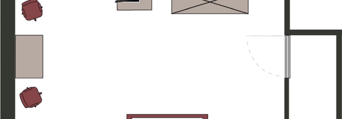 A simple floor plan drawing of a room with a bed, a table, chairs, and a bathroom. The room is brightly and clearly designed. - Sportpension Rubin - Sölden