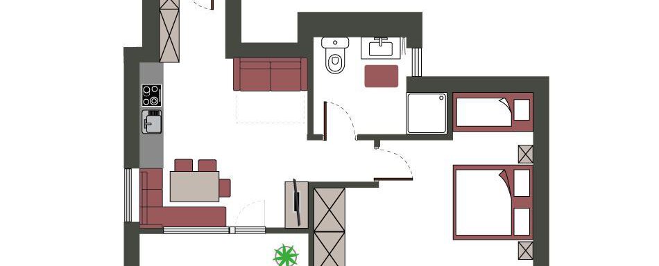 An overview drawing of an apartment with two bedrooms, a living area, and a kitchen. The rooms are clearly structured and well arranged. - Sportpension Rubin - Sölden