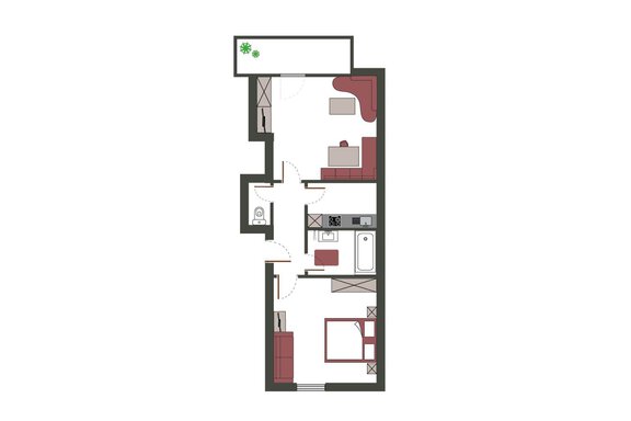 A modern apartment layout with an open living area, kitchen, and bedroom. The arrangement of the rooms is clearly and functionally designed. - Sportpension Rubin - Sölden