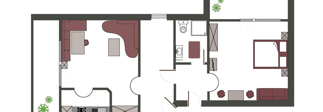 A floor plan sketch of an apartment with a living area, a kitchen, a bathroom, and a bedroom. The rooms are clearly structured and offer a cozy atmosphere. - Sportpension Rubin - Sölden
