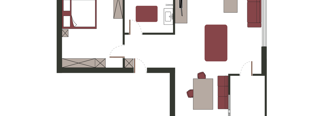 A simple floor plan representation of an apartment. It shows a living room, a bedroom, a kitchen, and a bathroom. - Sportpension Rubin - Sölden
