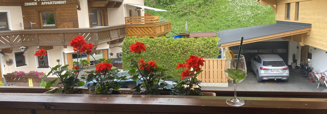 A view from a balcony over a picturesque landscape. In the foreground, red-flowering geraniums and a glass of drink are visible, while in the background, the houses and the green surroundings can be seen. - Sportpension Rubin - Sölden
